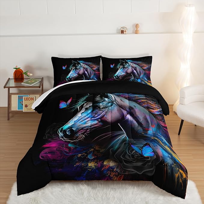 HOSIMA 3 Pieces Art Horse Comforter with 2 Pillowcases,Wildlife Horse Butterfly Black Queen Comforter Set Boys Teens Aesthetic Room Decor,Animal Bedding Queen Size Bed in a Bag Sets for adults.