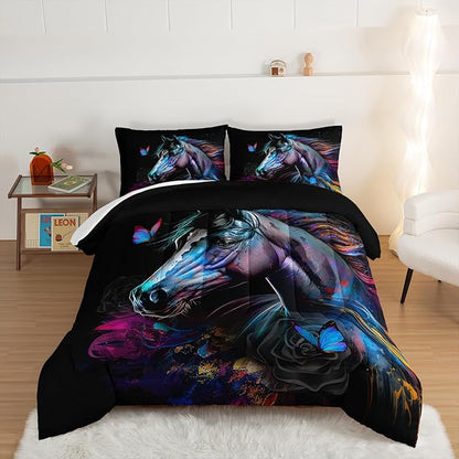 HOSIMA 3 Pieces Art Horse Comforter Set with 2 Pillowcases,Wildlife Horse Butterfly Black Comforter Boys Teens Aesthetic Room Decor,Animal Bedding Twin Bed in a Bag Sets for adults.