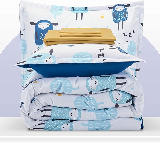 SLEEP ZONE Kids Bedding Comforter Set Full/Queen Size - Super Cute & Soft Kids Bedding 7 Pieces Set with Comforter, Sheet, Pillowcase & Sham (Blue Sheep)