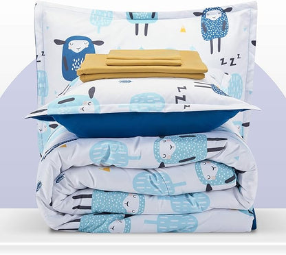 SLEEP ZONE Kids Bedding Comforter Set Full/Queen Size - Super Cute & Soft Kids Bedding 7 Pieces Set with Comforter, Sheet, Pillowcase & Sham (Blue Sheep)