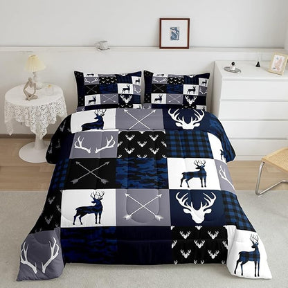 Manfei Camo Deer Antlers Comforter Set Twin,Geometric Plaid Patchwork Bedding Set 2pcs for Kids Teens Girls Boys Room Decor,Boho Arrow Xmas Quilt Set,Blue Grey Duvet Insert with 1 Pillowcase