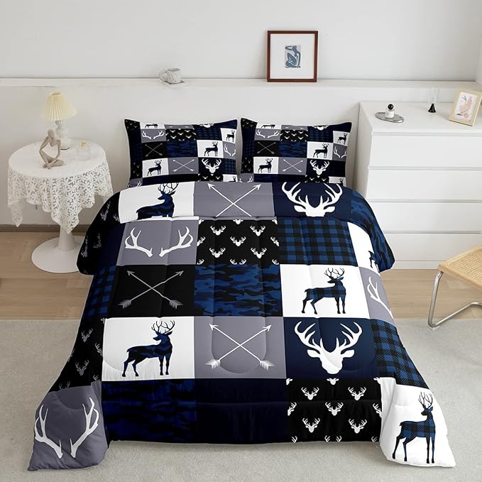 Manfei Camo Deer Antlers Comforter Set Queen, Geometric Plaid Patchwork Bedding 3pcs for Room Decor, Boho Arrow Xmas Quilt Set, Blue Grey Duvet Insert with 2 Pillowcases (WWS10843GYY-BZ_USq)
