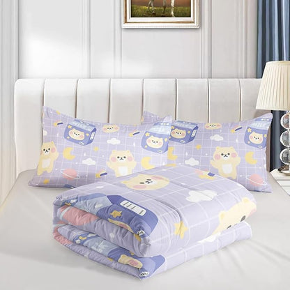 Kawaii Bear Comforter Queen Size,Cartoon Bear Comforter Set for Kids Teens Girls,3Pcs Bedding Set Printed Comforter with 2 Pillowcases,Down Alternative,Soft and Lightweight(Purple，Queen Size)