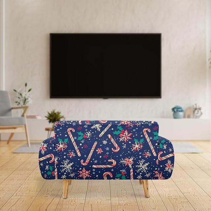 FKELYI Christmas Easy Going Stretch Sofa Slipcover Blue Candy Cane Furniture Protector Easy Going Stretch Sofa Slipcovers with Elastic Bottom L