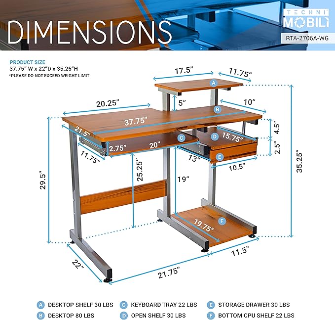 NicBex Laik-DW-00052-DX Desks, 37.75" W x 22" D x 35.25" H, Brown