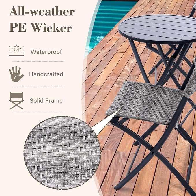 BACKYARD EXPRESSIONS PATIO · HOME · GARDEN 3 Pc 3 Piece Folding Outdoor Bistro, Wicker Furniture Table and Chairs for Garden, Backyard, Porch, Patio Conversation Set, Grey/Black