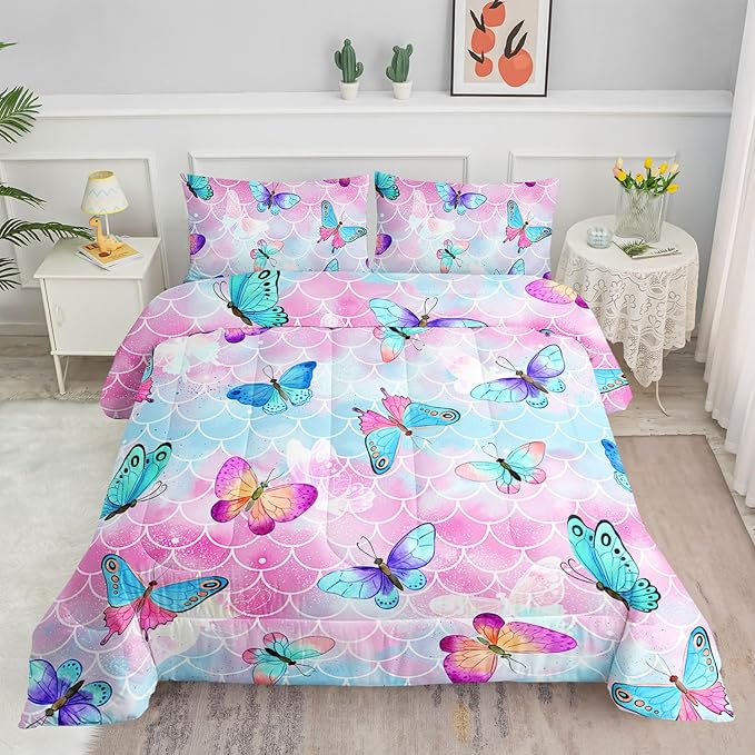 Datura home Kids Comforter Set Mermaid Scale Butterfly Printed Pattern Bedding Set with 1 Comforter and 2 Pillowcases for Girls Boys Bedroom All Season(Mermaid Queen)