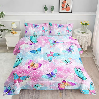 Datura home Kids Comforter Set Mermaid Scale Butterfly Printed Pattern Bedding Set with 1 Comforter and 2 Pillowcases for Girls Boys Bedroom All Season(Mermaid Twin)