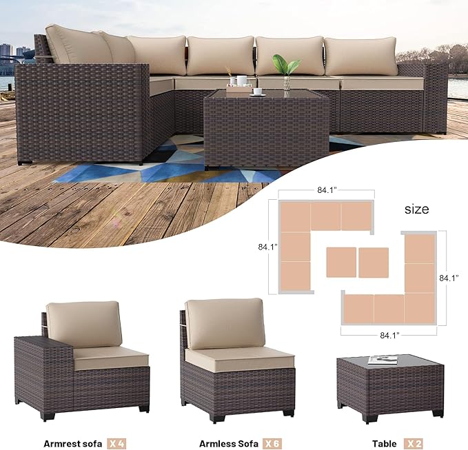 Kullavik 12PCS Outdoor Patio Furniture Set PE Wicker Rattan Sectional Sofa Patio Conversation Sets,Sand