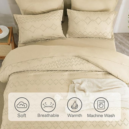 EMME Queen Comforter Set - 7 Pcs Beige Boho Bedding Sets, Full Size Tufted Comforter with Sheets, Shabby Chic Embroidery Queen Bed Set Fluffy Bed Bag for All Season(90"X90")