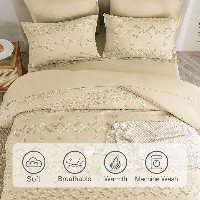 EMME Twin Comforter Set - 5 Pcs Beige Boho Bedding Sets, Tufted Comforter with Sheets, Shabby Chic Embroidery Twin Bed Set Fluffy Bed Bag for All Season(68"X90")