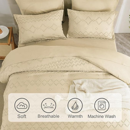 EMME Twin Comforter Set - 5 Pcs Beige Boho Bedding Sets, Tufted Comforter with Sheets, Shabby Chic Embroidery Twin Bed Set Fluffy Bed Bag for All Season(68"X90")
