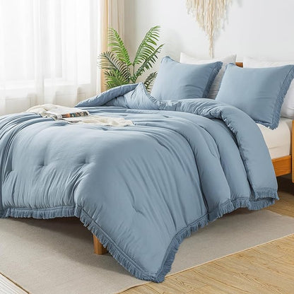 Andency Grayish Blue Comforter Set Queen Size, 3 Pieces Boho Tassel Lightweight Bedding Comforter Sets, All Season Soft Fluffy Fringe Bed Set (90x90In Comforter & 2 Pillowcases)