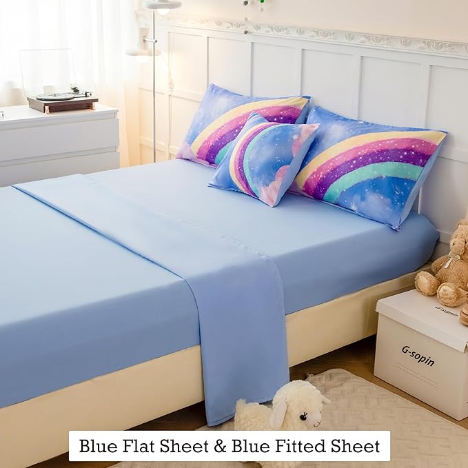 Aqua Blue Full Size Kids Comforter Sets for Girls, 6Pcs Colorful Rainbow Gradient Bedding Set, 3D Glitter Galaxy Bed in A Bag with Comforter, Sheets and Pillowcases for Teens