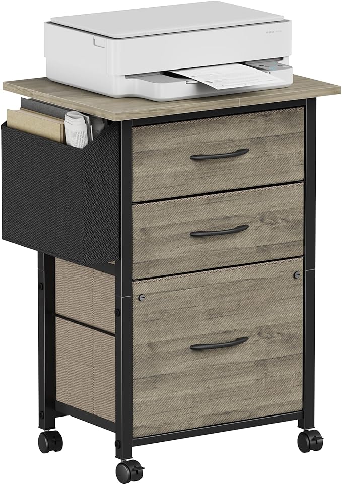 3 Drawer File Cabinet with 18'' Extended Board, Fabric Drawer, Mobile Filing Cabinet Fits A4/Letter Size Files, Rolling Printer Stand with Storage Bag, File Cabinet for Home Office, Grey