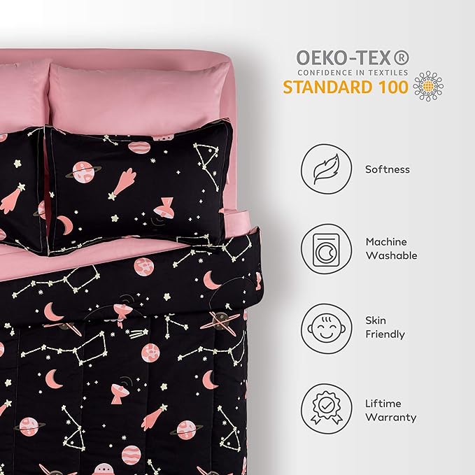 SLEEP ZONE Kids Bedding Comforter Set Full/Queen Size - Super Cute & Soft Kids Bedding 7 Pieces Set with Comforter, Sheet, Pillowcase & Sham (Pink Galaxy)