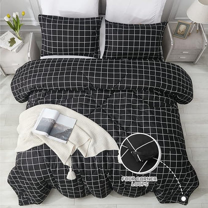Andency Black Grid Comforter Set Queen Size (90x90 Inch), 3 Pieces(1 Grid Comforter and 2 Pillowcases), Summer Lightweight Microfiber Down Alternative Black Comforter with White Lines