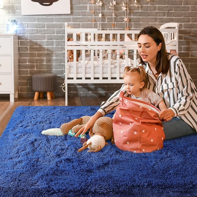 Super Soft Fluffy Shaggy Rugs for Living Room Bedroom, Fuzzy Plush Area Rugs for Girls Kids Room Nursery Home Decor, Furry Dorm Rug Cute Non-Slip Indoor Floor Carpet 5x8 Feet, Navy Blue