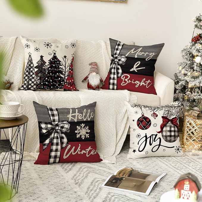 AVOIN colorlife Merry Christmas Joy Xmas Trees Red Throw Pillow Covers, 18 x 18 Inch Christmas Winter Holiday Cushion Case Decoration for Sofa Couch Set of 4