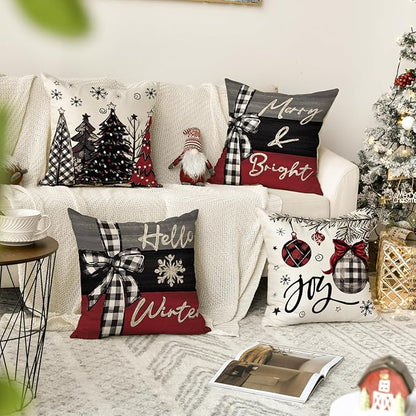 AVOIN colorlife Merry Christmas Joy Xmas Trees Red Throw Pillow Covers, 18 x 18 Inch Christmas Winter Holiday Cushion Case Decoration for Sofa Couch Set of 4