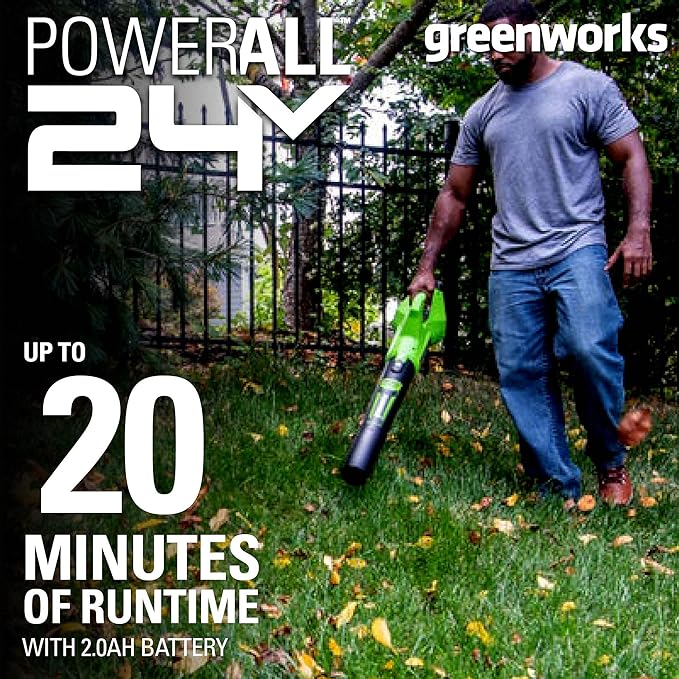 Greenworks 24V (90 MPH / 320 CFM / 125+ Compatible Tools) Cordless Axial Leaf Blower, 2.0Ah Battery and Charger Included