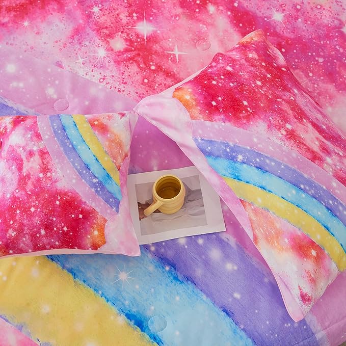 Rainbow Twin Size Comforter Set for Girls 6 Pieces Sparkle Tie Dye Pink Girls Bedding Comforter Sets Galaxy Kids Bed Comforter Sets Gradient Glitter Soft Bed in A Bag with Sheets