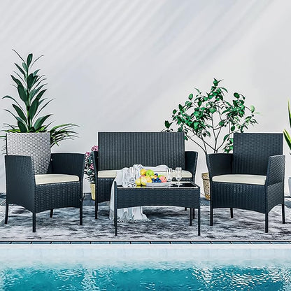 MoNiBloom 4 Pieces Patio Furniture Sets, Non Slip Foot Pads Wicker Rattan Sofa Chair with Soft Cushions and Sturdy Coffee Table for Backyard Porch Garden Poolside Balcony, Capacity 250 lbs, Black