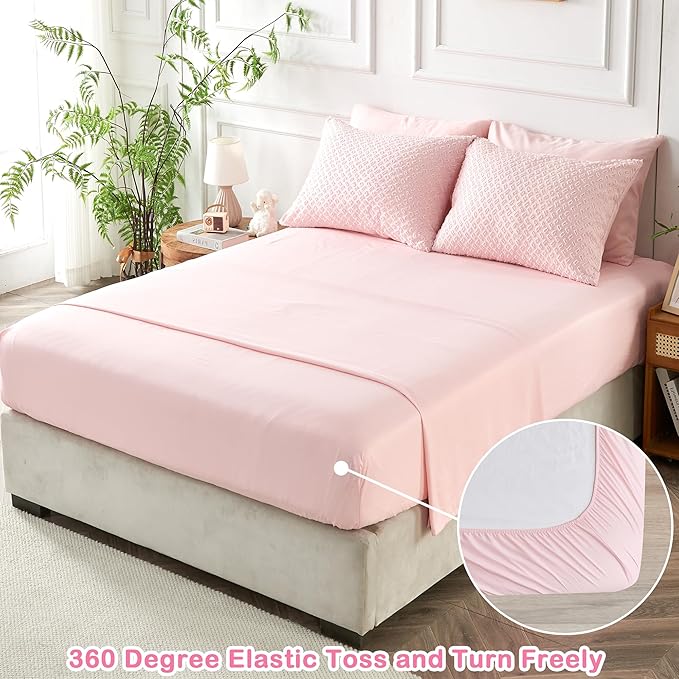 Twin Size Tufted Kids Comforter Set 6 Piece Pink Jacquard Tufts Embroidery Bedding Set for Girls Bed in A Bag Quilt with 1 Comforter, 1 Flat Sheet, 1 Fitted Sheet, 1 Pillowcase and 2 Pillow Sham