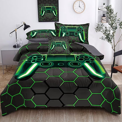 Kids Gaming Bedding Sets, 6 Piece Gamer Comforter Sets for Teens Boys Full Size for Bedroom Comforter Set Adult 3D Gamepad Microfiber Bedding Sets Fits All Season Full Size Comforter Sets