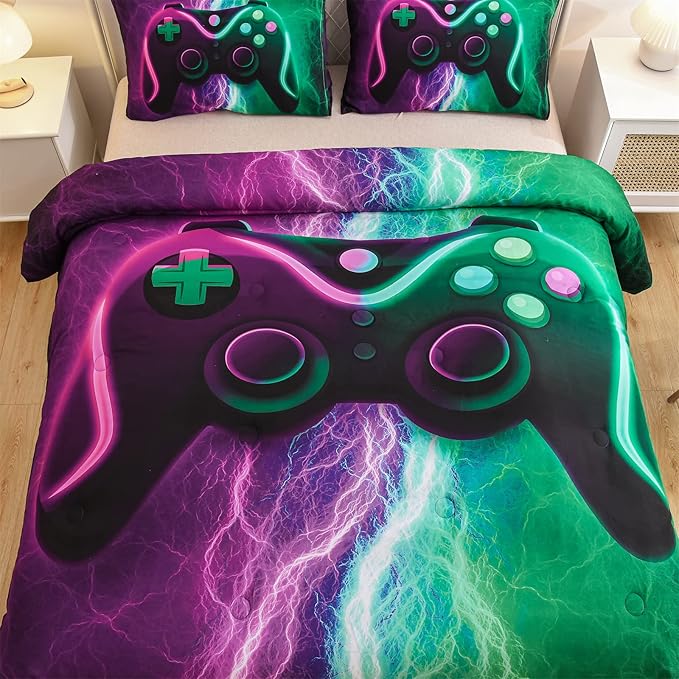 Meeting Story Gamer Comforter Sets for Boys Queen Size Tie Dye Lightnings Gamepad Bedding Set Games Console Action Buttons Novelty Colorful Modern Room Decor Home Quilt Set (Queen, Green-Purple)