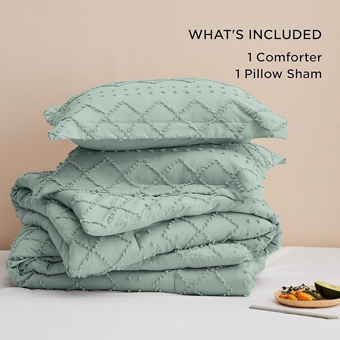 Bedsure Twin/Twin XL Comforter Set - Sage Green Boho Twin Extra Long Comforter Set for College, Shabby Chic Dorm Bedding Set, 2 Pieces Modern Farmhouse Bed Set, includes 1 Pillow Sham