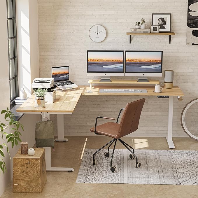 FEZIBO 75 Inches Triple Motor L Shaped Standing Desk Reversible, Electric Height Adjustable Corner Stand up Desk, Sit Stand Desk Computer Workstation, White Frame/Natural Top