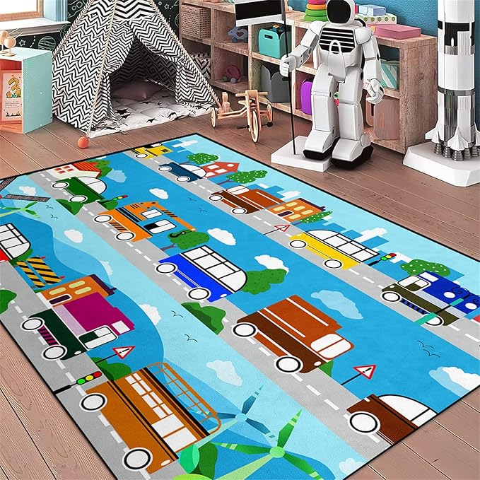 Car Carpet for Kids Kids Rugs for Playroom Car Track Rug Road Rug for Kids Car Play Rug Road Carpet for Toy Cars Car Track Rugs for Boys Car Rug for Boys Room 5'×7'