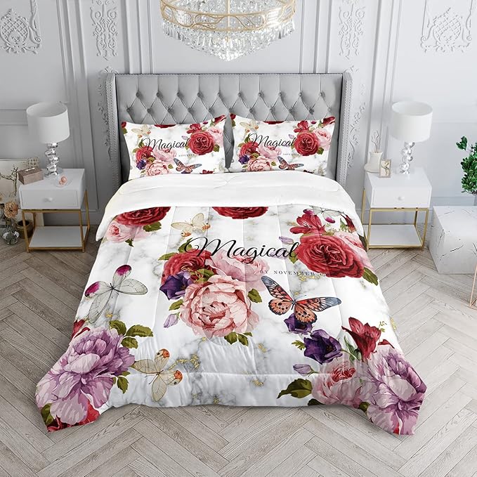 Butterfly Comforter Set for Girls Kids Adults Watercolor Butterfly Rose Bedding Set Aesthetics Butterflies Quilt Duvet Set Full Size with 1 Comforter and 2 Pillowcases
