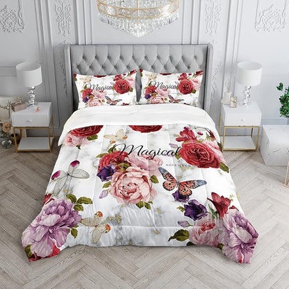 Butterfly Comforter Set for Girls Kids Adults Watercolor Butterfly Rose Bedding Set Aesthetics Butterflies Quilt Duvet Set Full Size with 1 Comforter and 2 Pillowcases