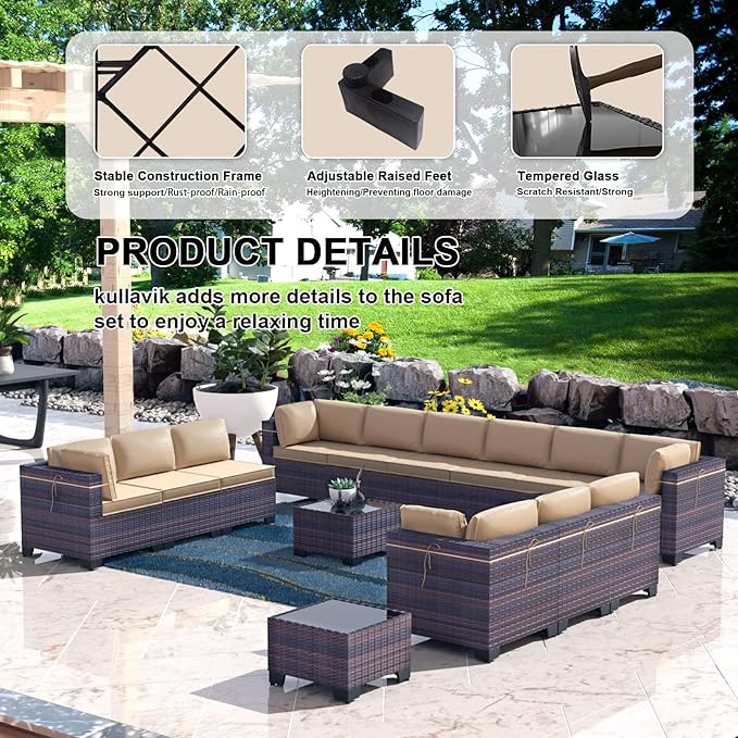 Kullavik 14PCS Outdoor Patio Furniture Set PE Wicker Rattan Sectional Sofa Patio Conversation Sets,Sand