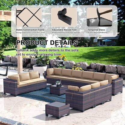 Kullavik 14PCS Outdoor Patio Furniture Set PE Wicker Rattan Sectional Sofa Patio Conversation Sets,Sand