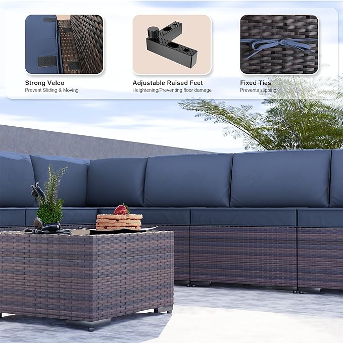 Kullavik 9PCS Outdoor Patio Furniture Set PE Wicker Rattan Sectional Sofa Patio Conversation Sets,Navy blue