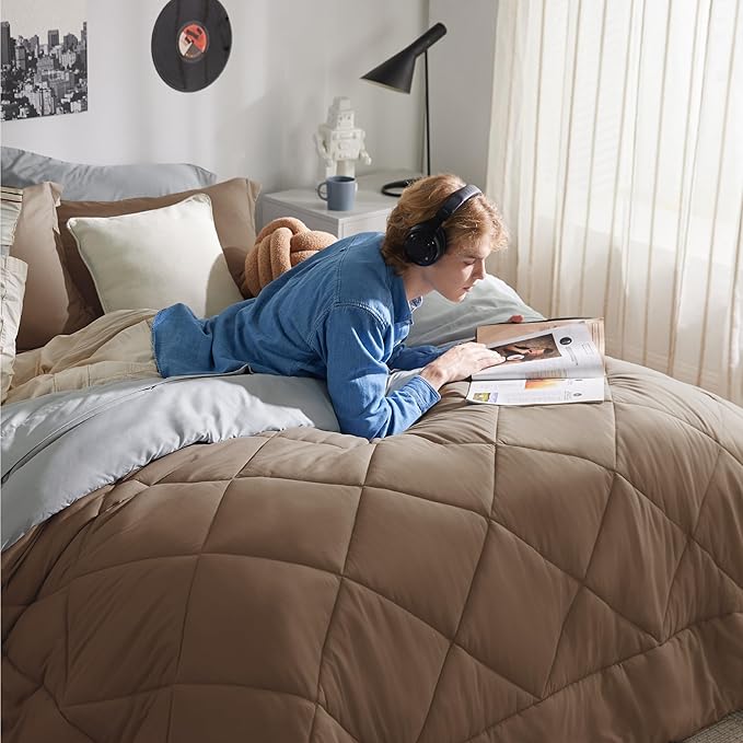 Bedsure Brown Twin Comforter Set - 5 Pieces Reversible Twin Bed in a Bag, Extra Long Twin Bed Set Brown and Grey with Comforters, Sheets, Pillowcase & Sham