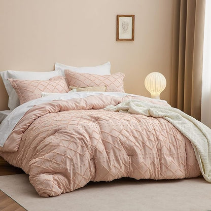 Bedsure King Size Comforter Set - Coral Pink Comforter, Boho Tufted Shabby Chic Bedding Comforter Set, 3 Pieces Farmhouse Bed Set for All Seasons, Fluffy Soft Bedding Set with 2 Pillow Shams