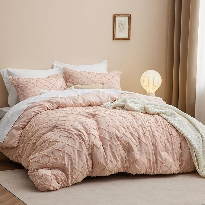Bedsure Twin/Twin XL Comforter Set - Coral Pink Boho Twin Extra Long Comforter Set for College, Shabby Chic Dorm Bedding Set, 2 Pieces Modern Farmhouse Bed Set, includes 1 Pillow Sham