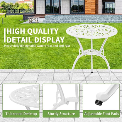 Bistro Set 3 Piece Outdoor Cast Aluminum Patio Bistro Set with Umbrella Hole, All Weather Bistro Table and Chairs Set, Small Patio Furniture Set for Garden, Porch,White