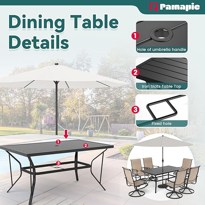 Pamapic 7 Pieces Patio Dining Set, Outdoor Dining Set for Garden Backyard Poolside Deck,Outdoor Table and Chairs Set with 6 Textilene Swivel Chairs,Beige