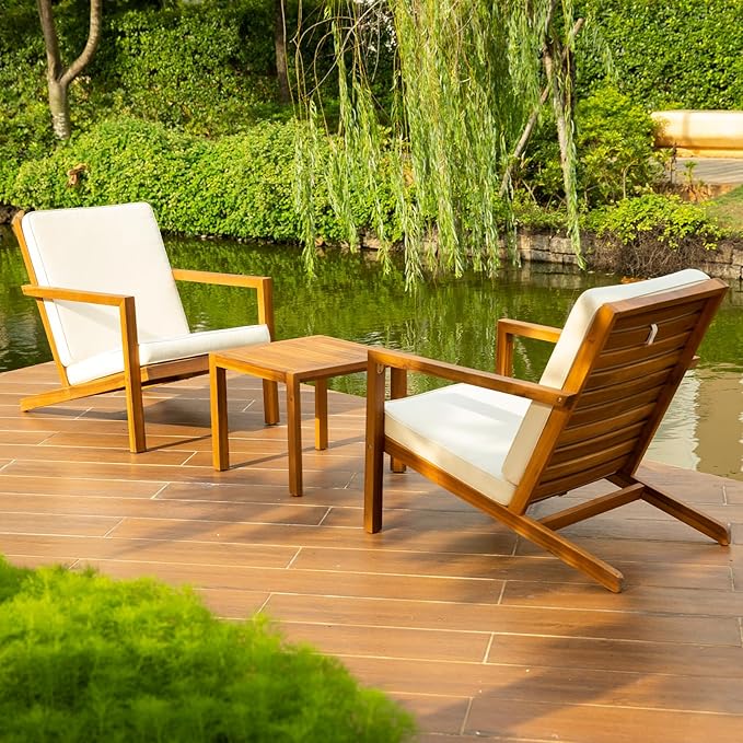 Eleve 400lbs Capacity Outdoor Set of 2 with Wooden Side Table, FSC Certified Acacia Wood Patio Furniture Set for Firepit Porch, Large, Slanted Backrest Club Chair
