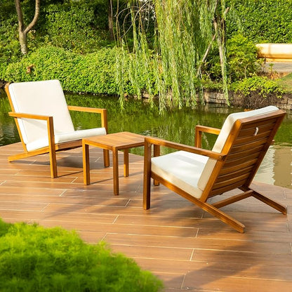 Eleve 400lbs Capacity Outdoor Set of 2 with Wooden Side Table, FSC Certified Acacia Wood Patio Furniture Set for Firepit Porch, Large, Slanted Backrest Club Chair