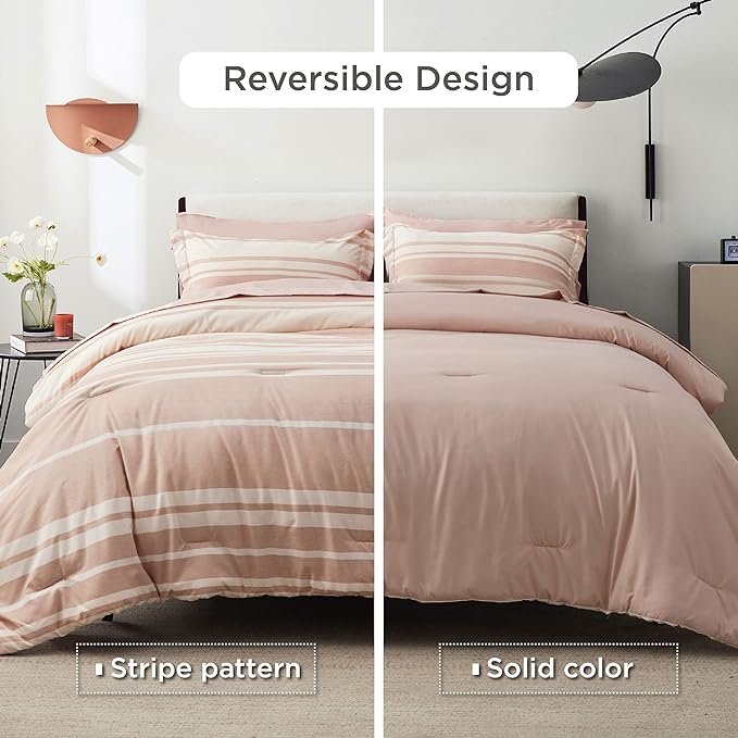 Bedsure Bed in a Bag King Size 7 Pieces, Dusty Pink White Striped Bedding Comforter Sets All Season Bed Set, 2 Pillow Shams, Flat Sheet, Fitted Sheet and 2 Pillowcases