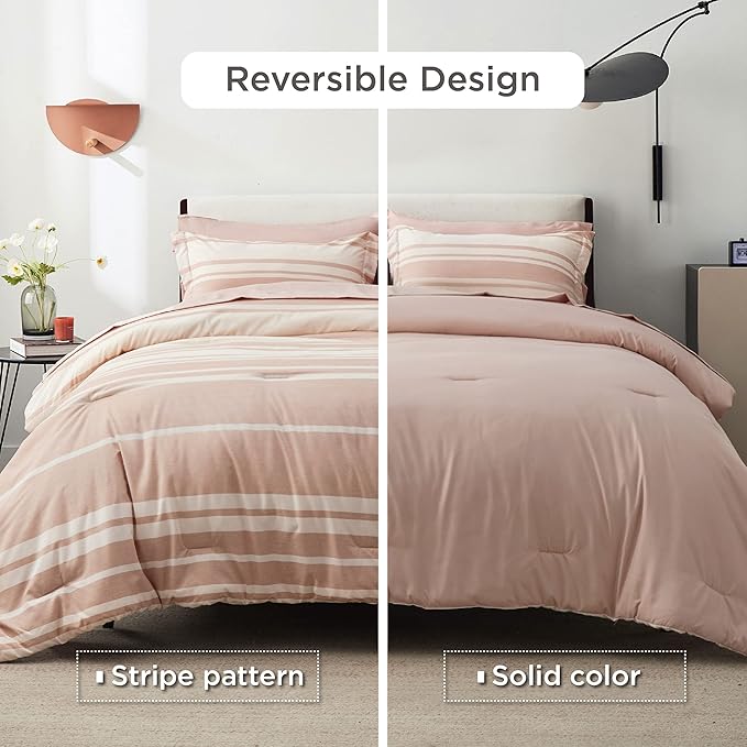 Bedsure Bed in a Bag Full Size 7 Pieces, Dusty Pink White Striped Bedding Comforter Sets All Season Bed Set, 2 Pillow Shams, Flat Sheet, Fitted Sheet and 2 Pillowcases