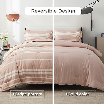Bedsure Bed in a Bag Full Size 7 Pieces, Dusty Pink White Striped Bedding Comforter Sets All Season Bed Set, 2 Pillow Shams, Flat Sheet, Fitted Sheet and 2 Pillowcases
