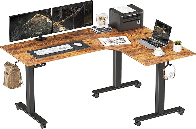 BANTI Triple Motors 63" L Shaped Standing Desk Height Adjustable, Electric Stand up Corner Desk, Sit Stand Home Office Desk Computer Workstation with Memory Preset, Rustic Brown Top