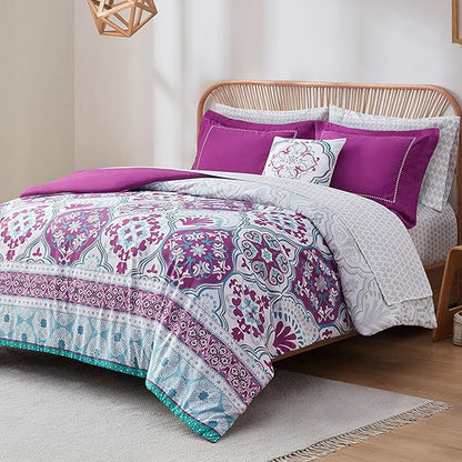 Degrees of Comfort Purple Comforter Set,Queen Boho Bedding Sets with Sheets,Bohemian Microfibe Bed in A Bag with Side Pockets, Matching Decorative Pillow, 8 Piece